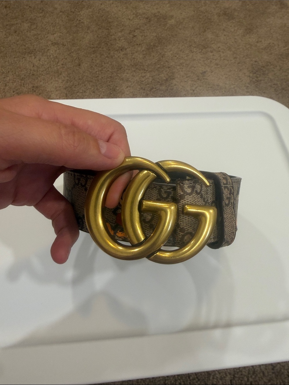 Gucci Brown Disney Monogram Belt with Brass Double G Buckle